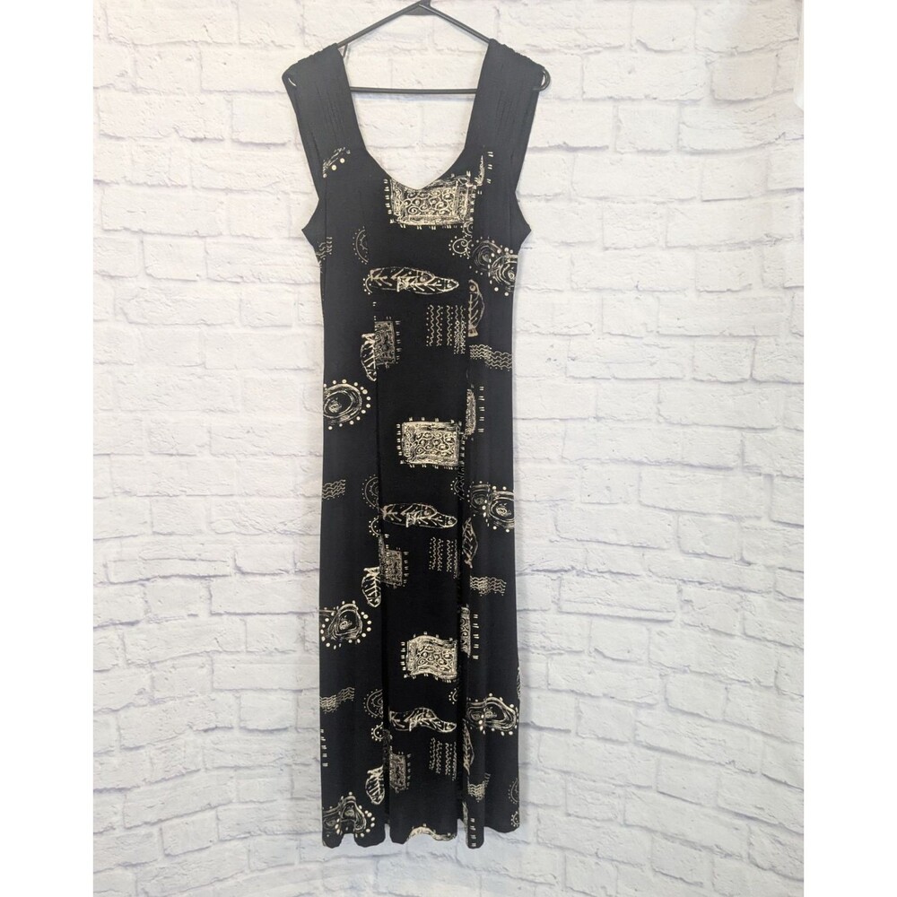 Pretty Woman Travel Resort Wear Dress Black‎ With Tan Graphic Fish Print Size L?
